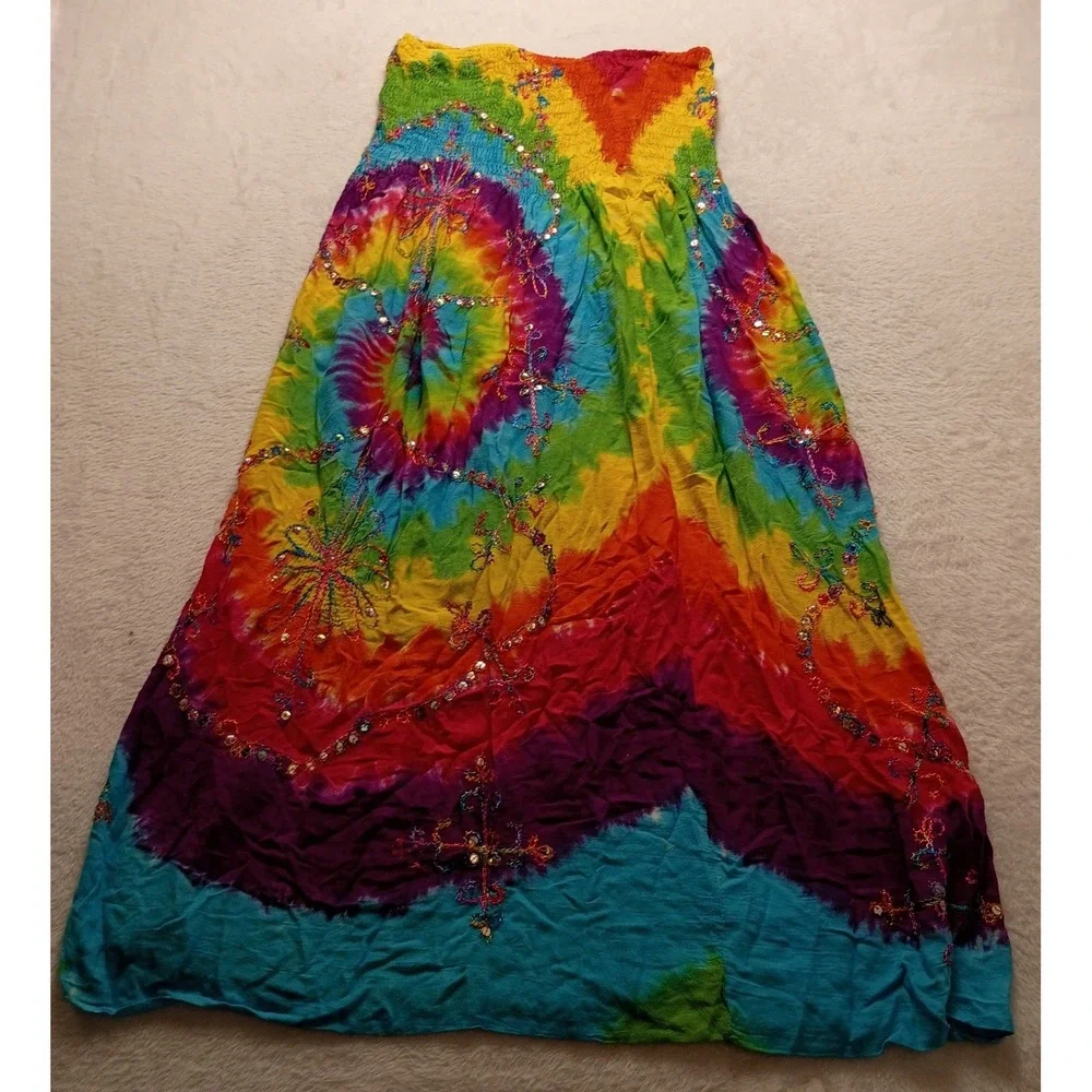 Boho Rainbow Tie Dye Smocked Sequin Embroidered Maxi Skirt Festival Dress NWOT
